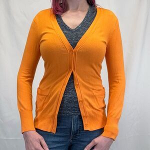 Liz Claiborne Women Long Cardigan Small Golden Orange Button Front Tunic Sweater